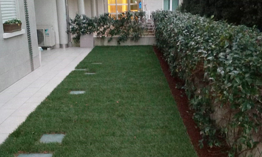immagine giardino montebelluna con impianto di irrigazione bordure e prato a rotoli